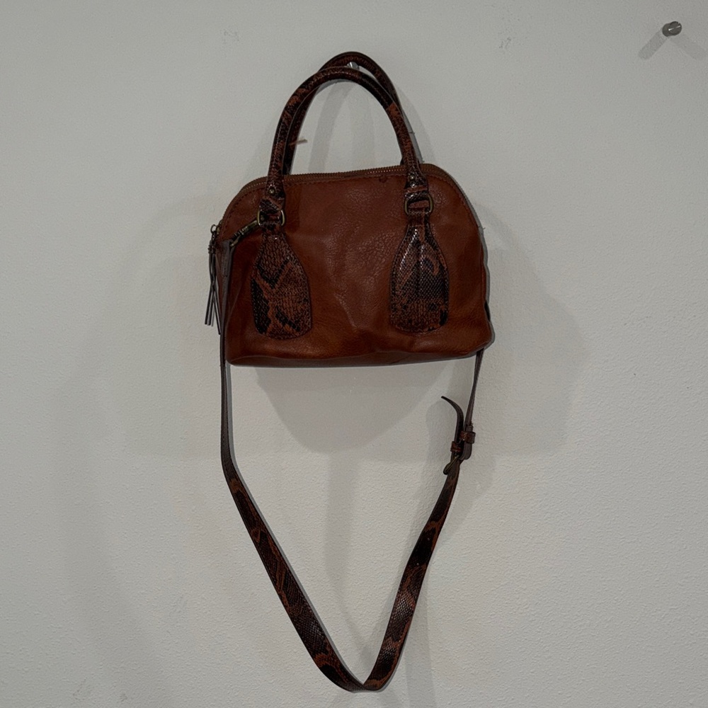 Brown Leather Satchel Bag with Snake-Print Accents